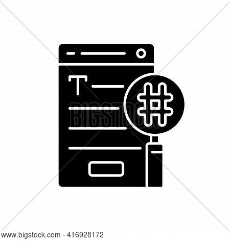 Seo Copywriting Black Glyph Icon. Search Engine Optimization Service. Commercial Text With Hashtags,
