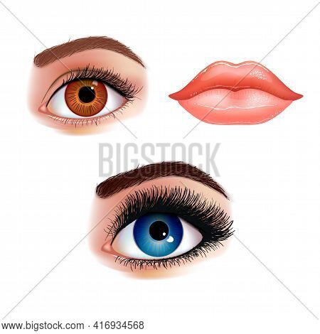 Set Of Beautiful Female Eyes With Extended Eyelashes And Shining Mouth With Glossy Lips. Realistic V