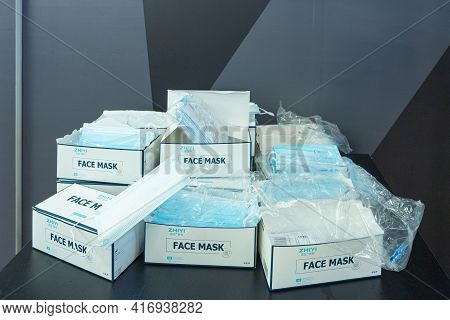Finland. Helsinki April 13, 2021 Medical Masks Are Distributed Free Of Charge In The Store At The En