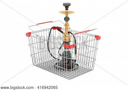 Shopping Basket With Hookah, Shisha. 3d Rendering Isolated On White Background