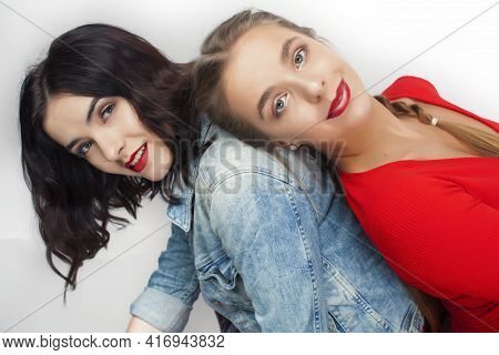 Best Friends Teenage Girls Together Having Fun, Posing Emotional On White Background, Besties Happy 