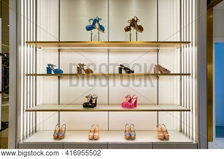 KUALA LUMPUR, MALAYSIA - CIRCA JANUARY, 2020: interior shot of Stuart Weitzman store at Suria KLCC shopping mall in Kuala Lumpur.