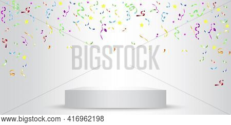 3d Banner With Podium Confetti. Round Podium. Win Prize. Stock Image. Vector Illustration. Eps 10.