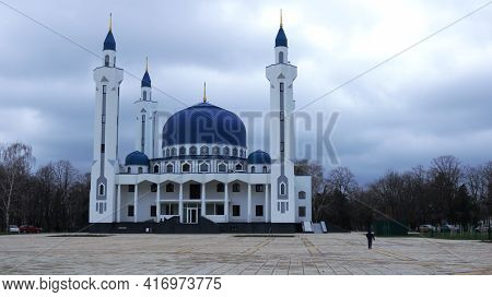 Maykop, Adygea Republic, Russia - April 11, 2021: Deserted Square In Front Of The Main Cathedral Mos