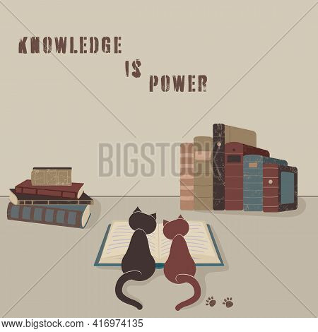 Concept:book Or Reading Is Source Of Knowledge.two Cats Sit Over Open Book And Studying It. A Lot Of