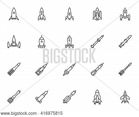 Spaceship Rocket Line Icons Set. Linear Style Symbols Collection, Outline Signs Pack. Spacecraft Vec