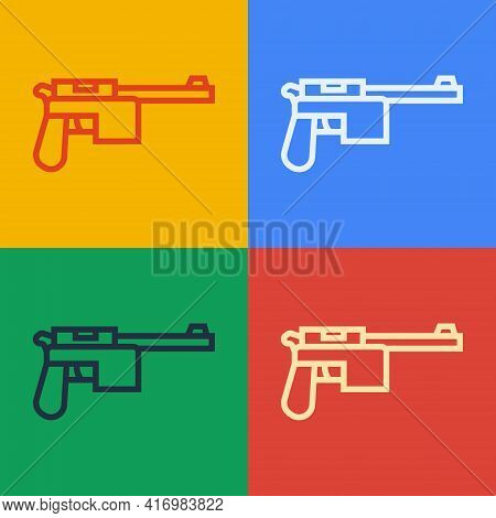 Pop Art Line Mauser Gun Icon Isolated On Color Background. Mauser C96 Is A Semi-automatic Pistol. Ve