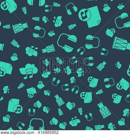Set Headphones, Music Book With Note, Music Streaming Service And Drum On Seamless Pattern. Vector