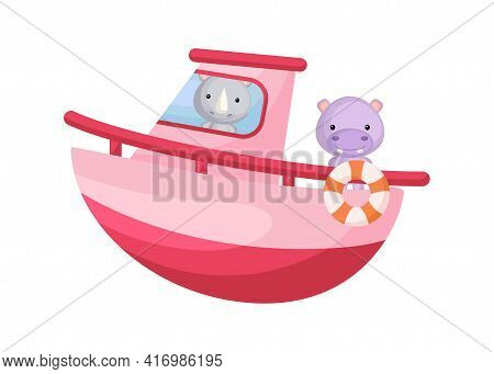 Cute Little Rhino And Hippo Sailing On Pink Ship. Cartoon Character For Childrens Book, Album, Baby 