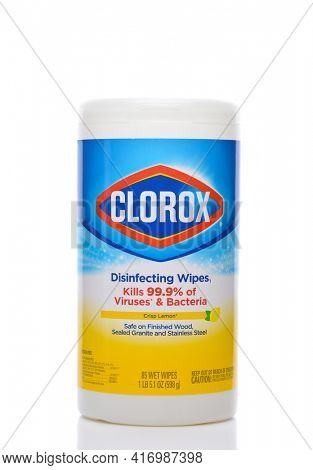 IRVINE, CALIFORNIA - 26 APRIL 2020:  A package of Clorox Disinfecting Wipes, Crisp Lemon Scent to kill Bacteria and Viruses.