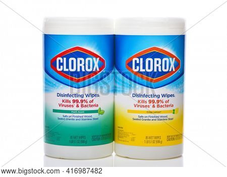 IRVINE, CALIFORNIA - 26 APRIL 2020:  Two Packages of Clorox Disinfecting Wipes, Fresh Scent and Crisp Lemon, to kill Bacteria and Viruses.