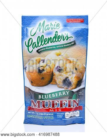 IRVINE, CALIFORNIA - DEC 4, 2018: Marie Callenders Blueberry Muffin Mix. The package contains most of the ingredients needed to make the pastry.