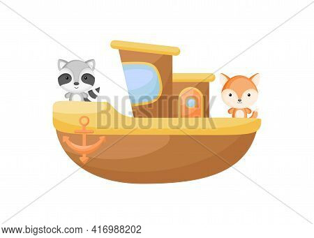 Cute Little Raccoon And Fox Sailing On Brown Ship. Cartoon Character For Childrens Book, Album, Baby