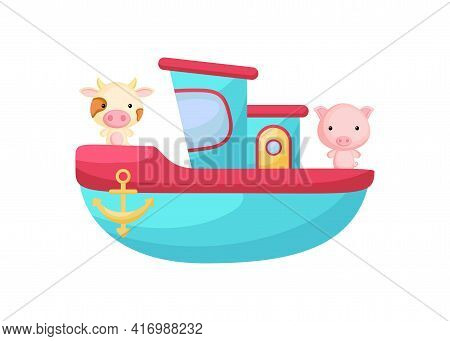 Cute Little Cow And Pig Sailing On Turqoise Ship. Cartoon Character For Childrens Book, Album, Baby 