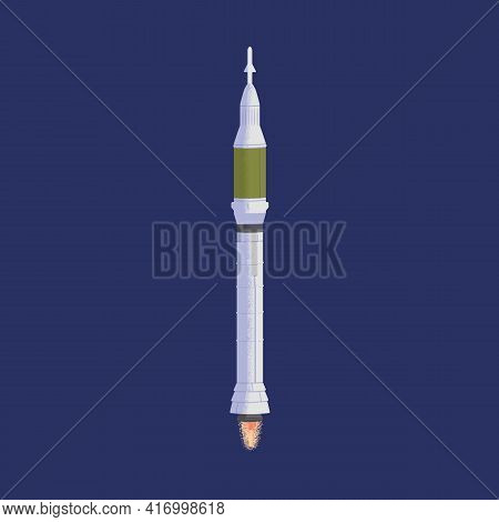Rocket Flying In Outer Space With Fire Flames From Engine. Futuristic Rocketship Or Spaceship. Cosmo