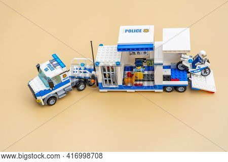 Cagnes-sur-mer, France - April 12, 2021: Lego Mobile Police Truck. Toys From Bricks For Playing. Edu