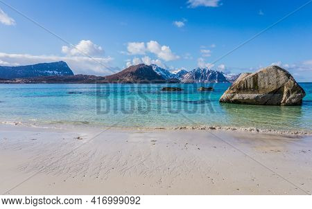 Haukland Beach Or Hauklandstranda, Vestvagoy, Lofoten Islands, Norway. Beautiful Sandy Beach With Ro
