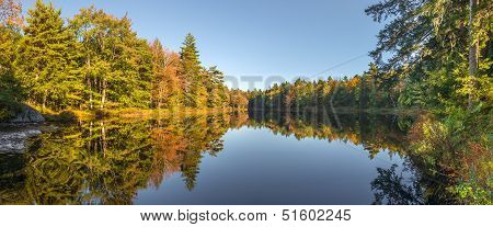 Panorama Of A  Forest Lake In Fall