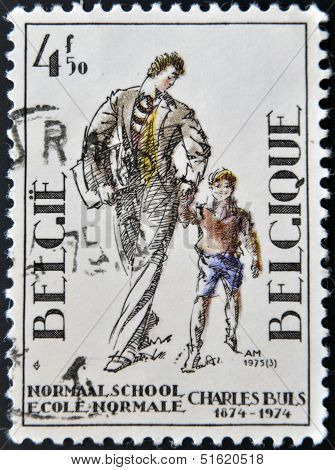 A stamp shows a picture of a father taking his son to school, centenary of Charles Buls