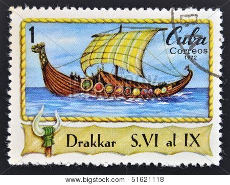 A stamp printed in Cuba shows viking boat Drakkar