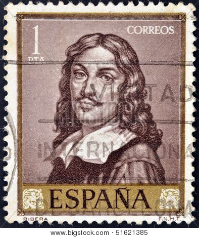 A stamp printed in Spain shows Self portrait by Ribera