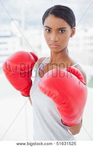 Competitive serious model wearing red boxing gloves in bright room at home