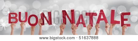 People Holding Buon Natale On Silver Backgound