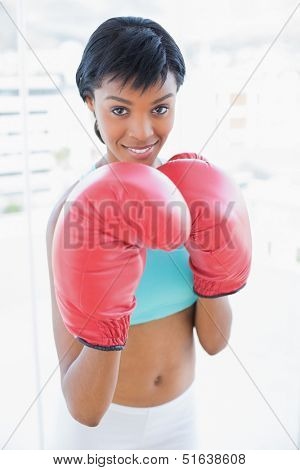 Content black haired woman boxing the camera in a living room