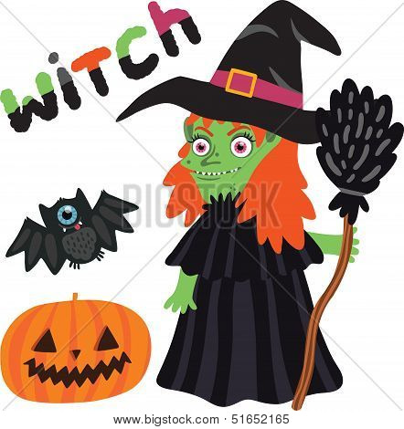 Halloween witch character with pumpkin and bat.