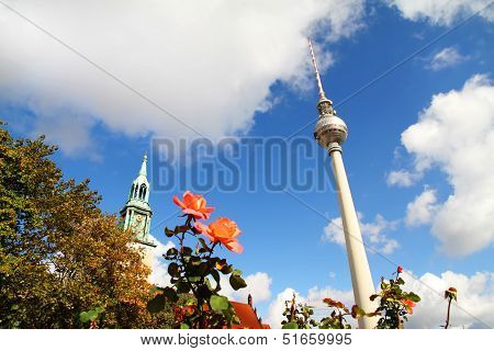 The Tv Tower And The Marienkirche In Berlin
