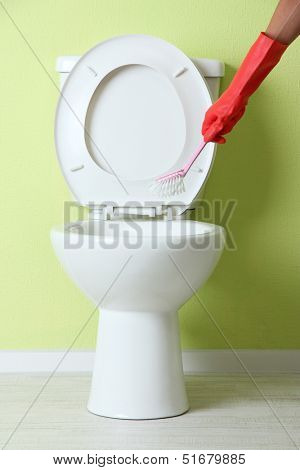 Woman hand with brush cleaning a toilet bowl in a bathroom