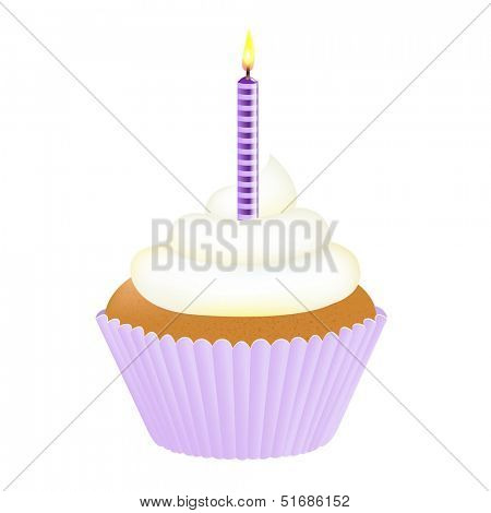 Cupcake With Cream And Violet Candle With Gradient Mesh, Vector Illustration