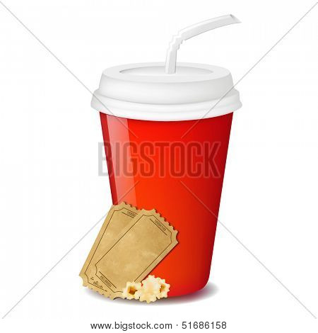 Red Paper Glass With Tickets Cinema With Gradient Mesh, Vector Illustration