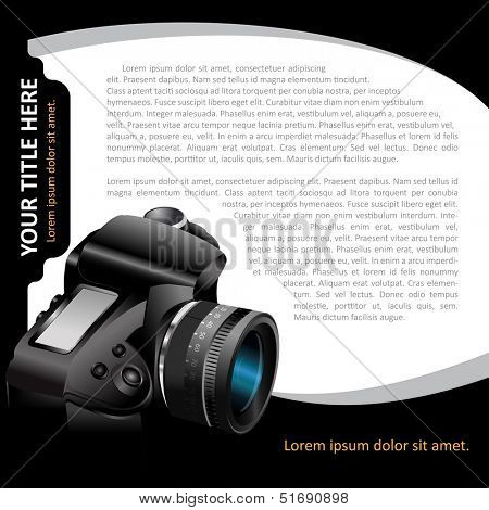 Black vector background with modern DSLR camera for brochure, flyer, poster and advertising