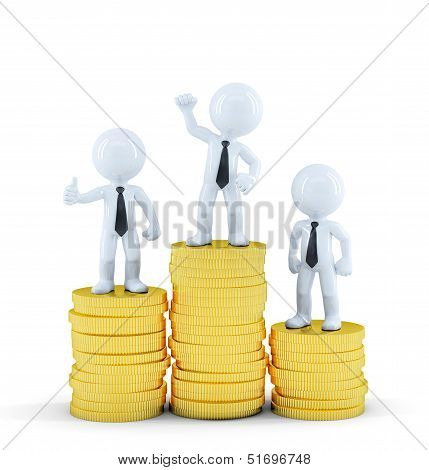 Business People On Top Of Euro Coin Piles. Money Making Concept