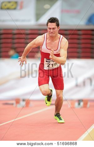 LINZ, AUSTRIA - JANUARY 31 Andreas Meyer (#219 Austria) places 8th in the men's 60m event on January 31, 2013 in Linz, Austria.