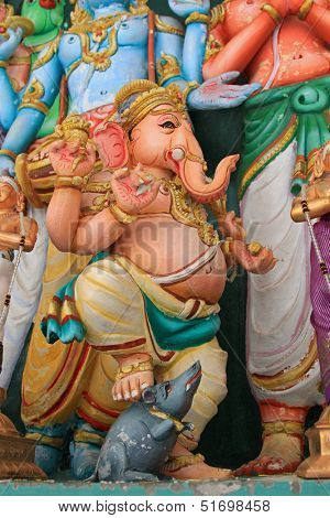 KUALA LUMPUR, MALAYSIA - AUGUST 11 : Statue of Lord Ganesha stepping on a mouse (his vehicle) at Sri Mahamariamman Indian Temple in Kuala Lumpur, Malaysia on August 11, 2013. 