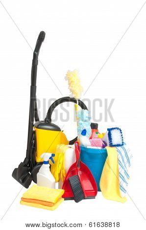 cleaning supplies on white background