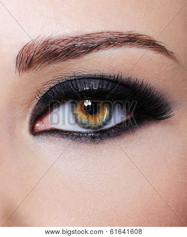Part of female with eye with bright black glamour make-up - macro shot