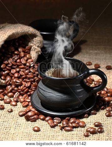 Black coffee, a cup of beans