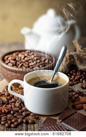 Black coffee, a cup of beans