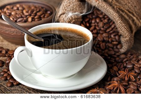Black coffee, a cup of beans