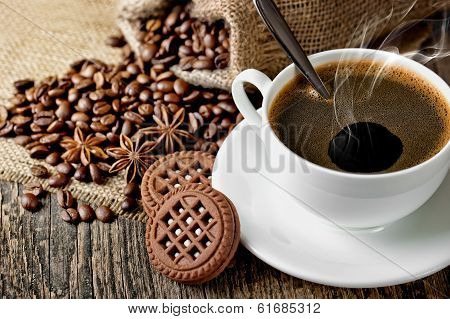 Black coffee, a cup of beans