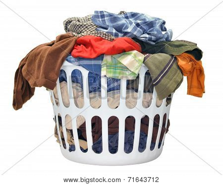 Pile of dirty laundry in a washing basket on a white background