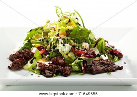 Japanese Cuisine - Gyuniku Sarada. Lettuce. Strawberry with Pineapple and Beef and Tofu Cheese