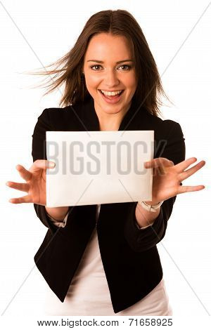 Preety Assian Caucasian Woman Holding A White Card