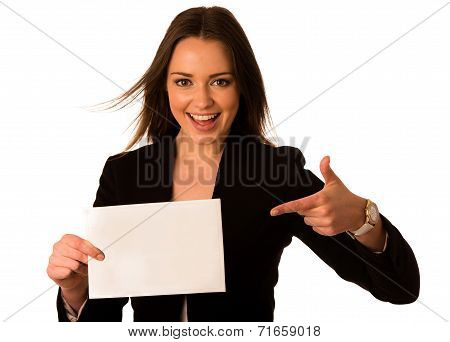 Preety Assian Caucasian Woman Holding A White Card