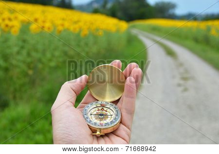Compass in the hand against rural road