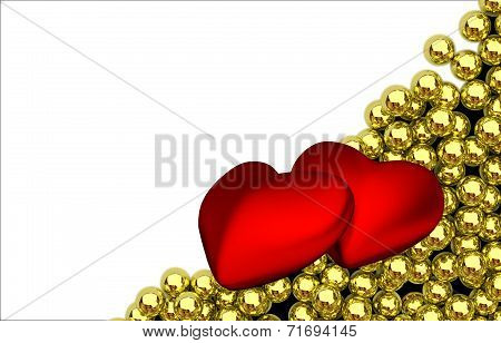 two red hearts and glossy golden speres on background