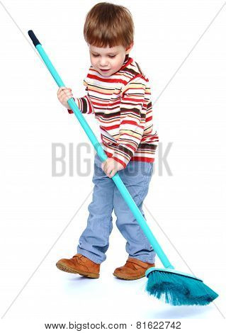 little boy my mother's helper, sweeping brush the floor.